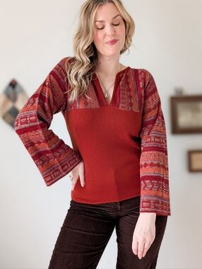 70s Red Bell Sleeve V Neck Knit Blouse